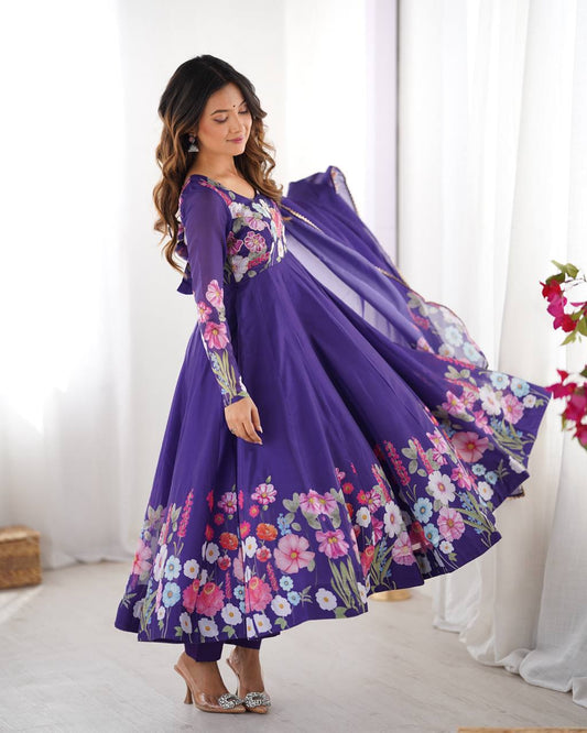 Purple Color Chiffon With Digital Flower Printed Anarkali Suit