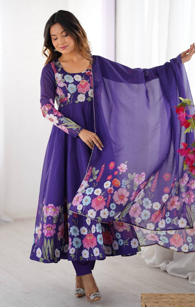 Purple Color Chiffon With Digital Flower Printed Anarkali Suit