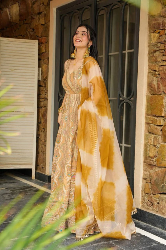 Mustard Yellow Color Jimmy Organza Silk Wear Anarkali Gown