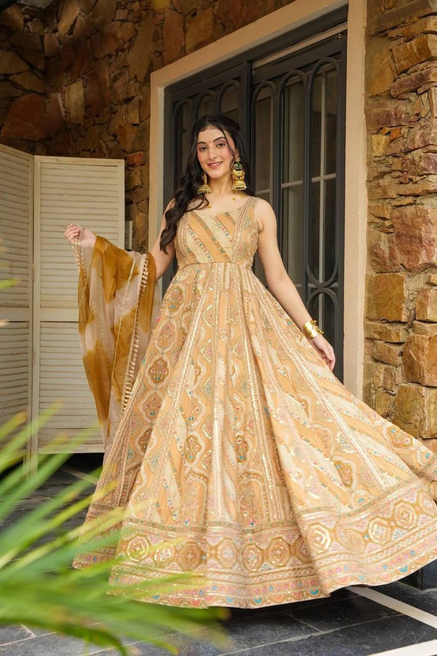 Mustard Yellow Color Jimmy Organza Silk Wear Anarkali Gown