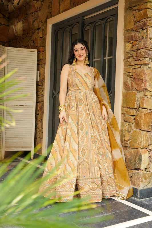 Mustard Yellow Color Jimmy Organza Silk Wear Anarkali Gown