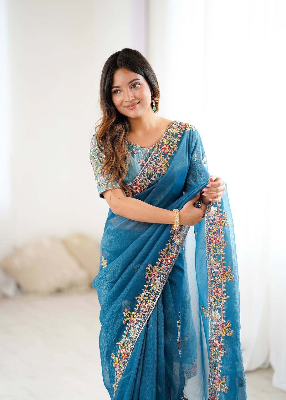 Sky Blue Color Crunchy Silk With Embroidery Work Saree