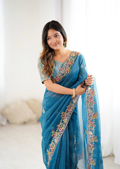 Sky Blue Color Crunchy Silk With Embroidery Work Saree