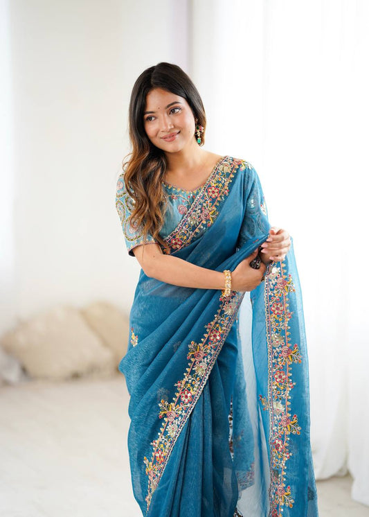 Sky Blue Color Crunchy Silk With Embroidery Work Saree