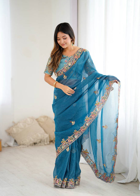 Sky Blue Color Crunchy Silk With Embroidery Work Saree