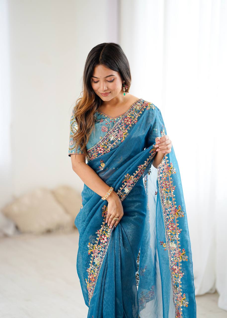 Sky Blue Color Crunchy Silk With Embroidery Work Saree