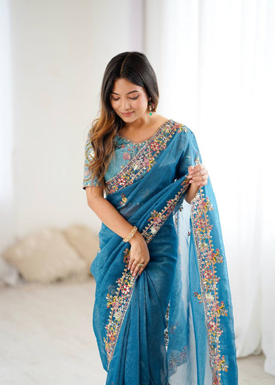 Sky Blue Color Crunchy Silk With Embroidery Work Saree