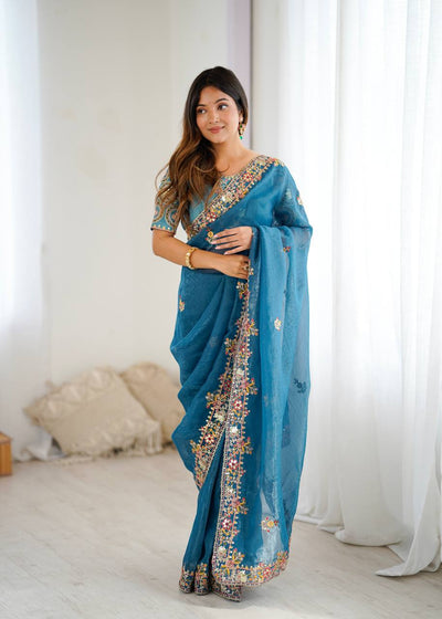 Sky Blue Color Crunchy Silk With Embroidery Work Saree