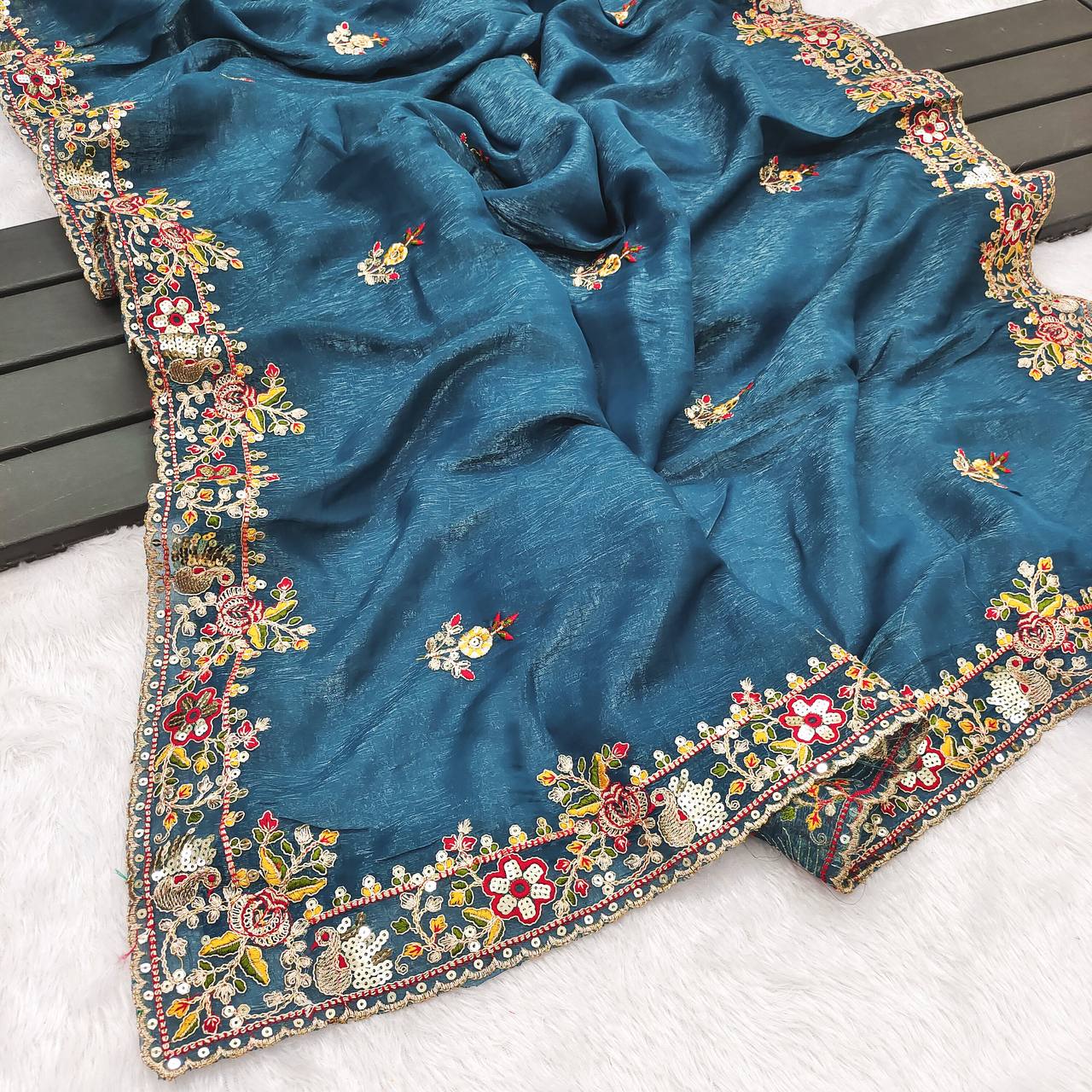 Sky Blue Color Crunchy Silk With Embroidery Work Saree