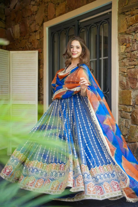 Royal Blue Color Jimmy Organza Silk Wear Gown With Dupatta