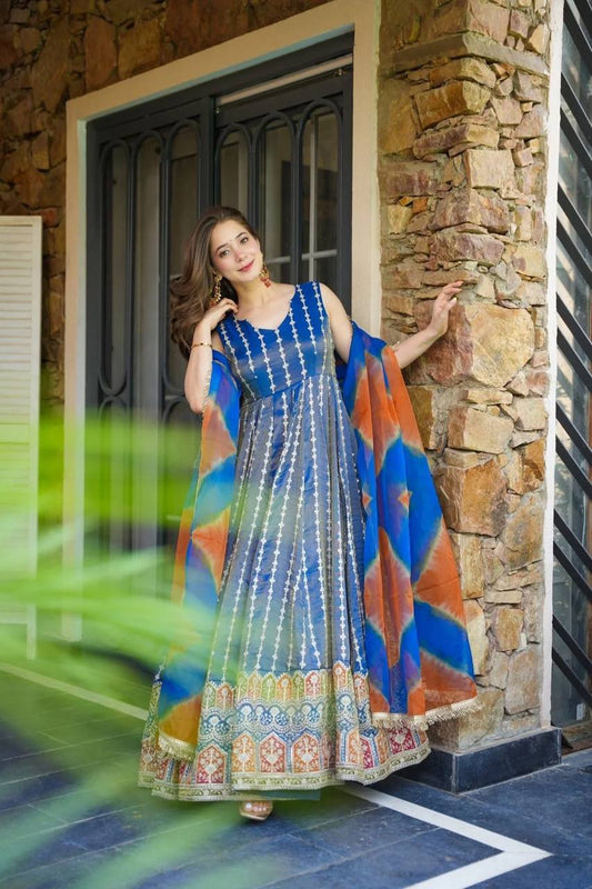 Royal Blue Color Jimmy Organza Silk Wear Gown With Dupatta