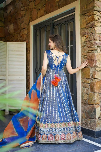 Royal Blue Color Jimmy Organza Silk Wear Gown With Dupatta