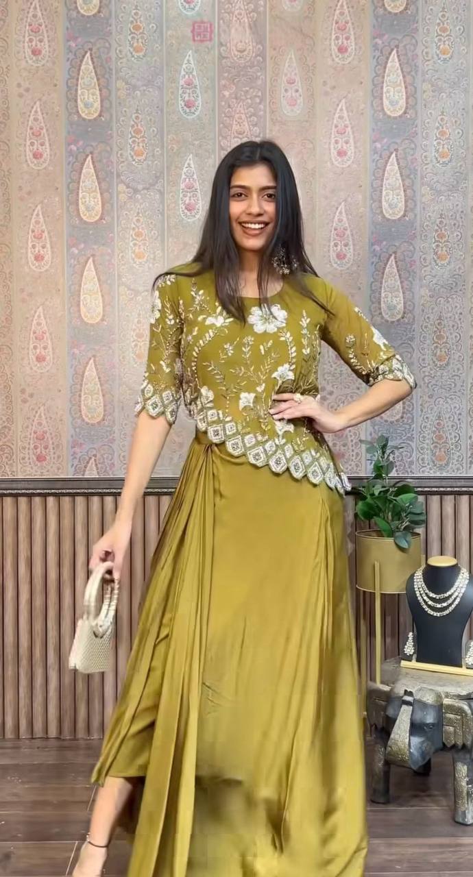 Green Color Indo Western Chinon Sequence With Embroidery Work Top With Skirt