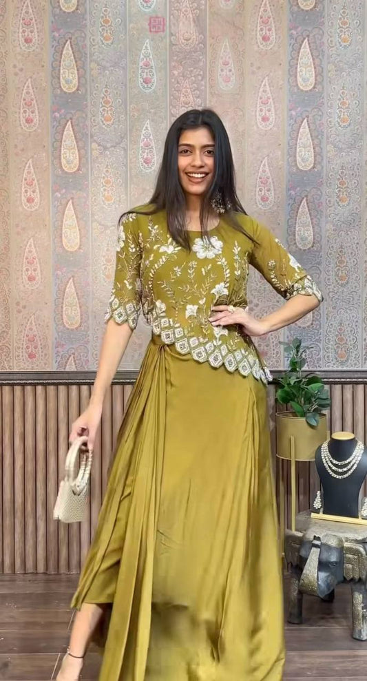Green Color Indo Western Chinon Sequence With Embroidery Work Top With Skirt