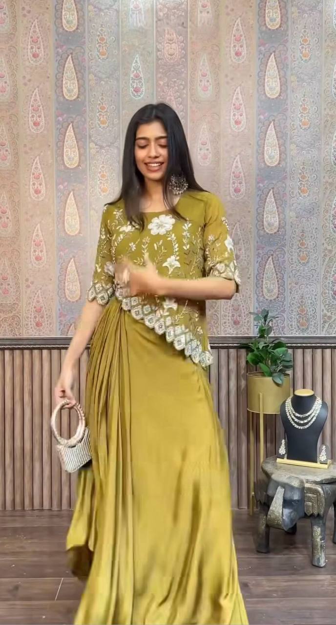 Green Color Indo Western Chinon Sequence With Embroidery Work Top With Skirt