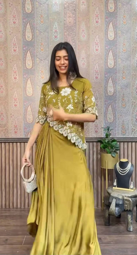 Green Color Indo Western Chinon Sequence With Embroidery Work Top With Skirt