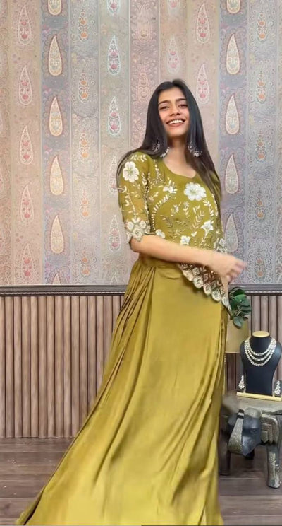 Green Color Indo Western Chinon Sequence With Embroidery Work Top With Skirt