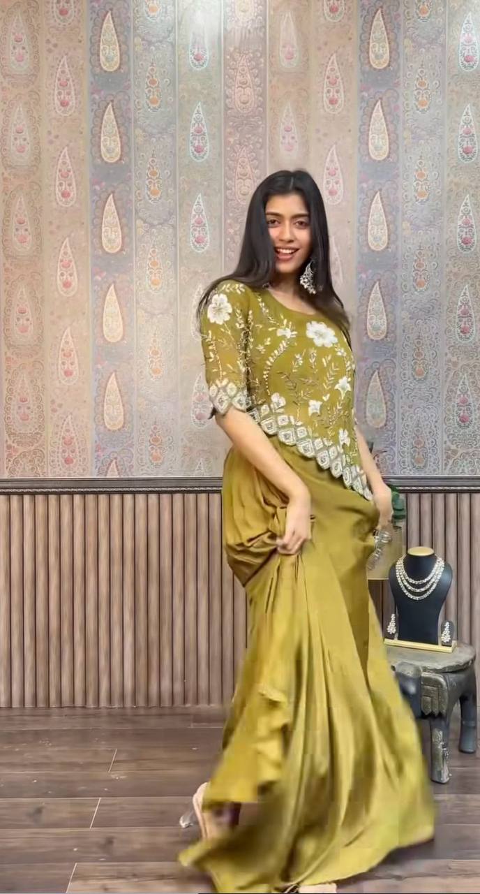 Green Color Indo Western Chinon Sequence With Embroidery Work Top With Skirt