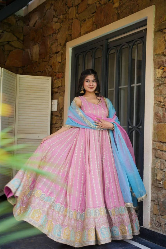 Pink Color Jimmy Organza Silk With Digital Printed Long Gown With Dupatta