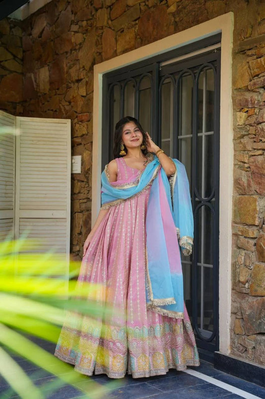 Pink Color Jimmy Organza Silk With Digital Printed Long Gown With Dupatta
