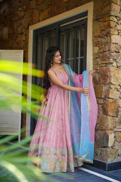 Pink Color Jimmy Organza Silk With Digital Printed Long Gown With Dupatta