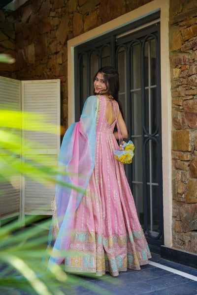 Pink Color Jimmy Organza Silk With Digital Printed Long Gown With Dupatta