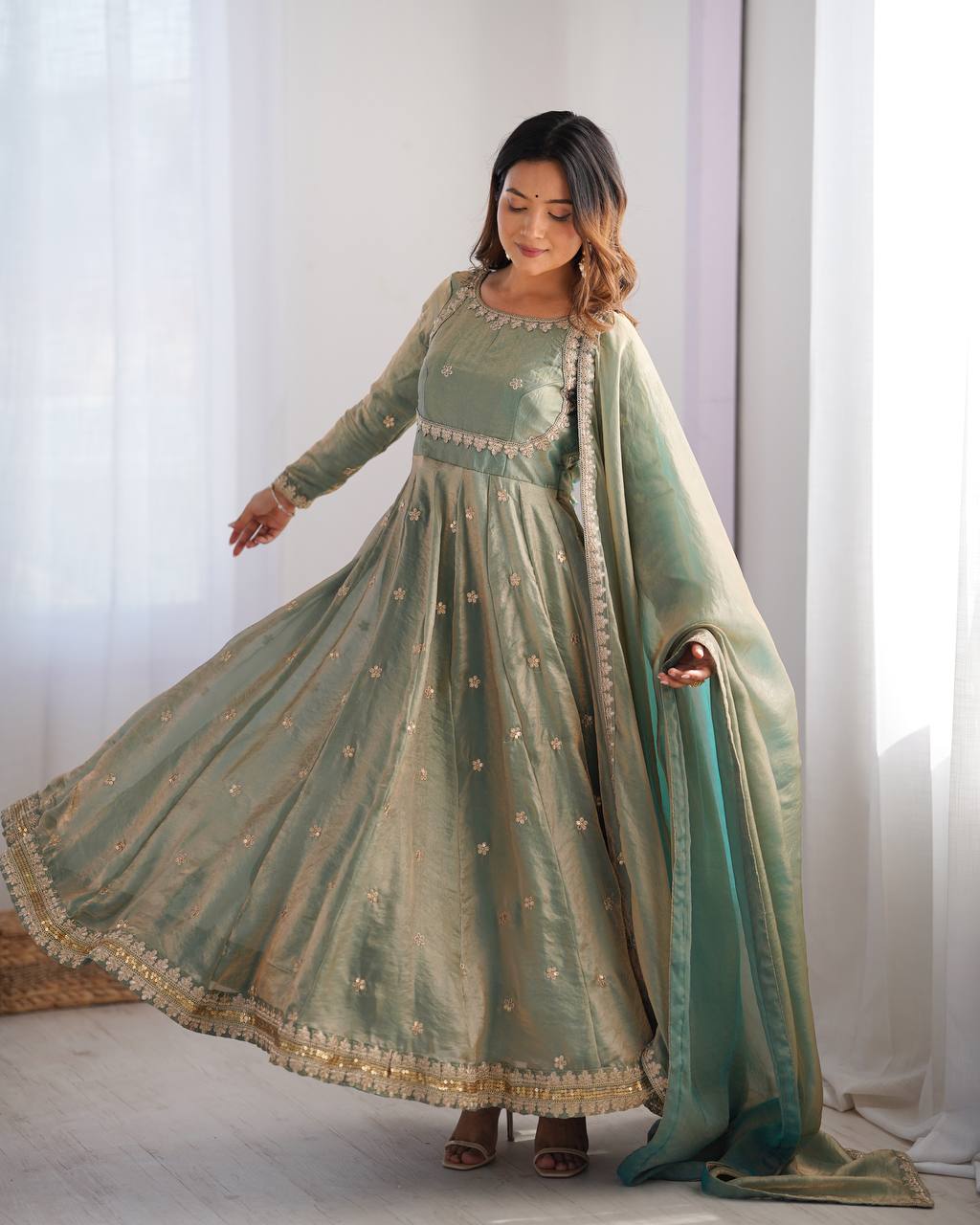 Sea Green Color Wedding Wear Anarkali Suit With Sequence Work