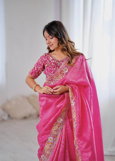 Pink Color Gold Crush With Embroidery Work Saree For Traditional Wear