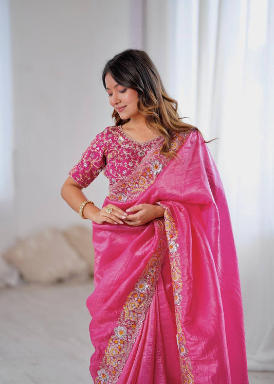 Pink Color Gold Crush With Embroidery Work Saree For Traditional Wear