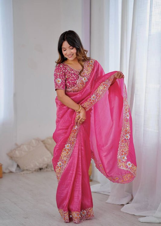 Pink Color Gold Crush With Embroidery Work Saree For Traditional Wear
