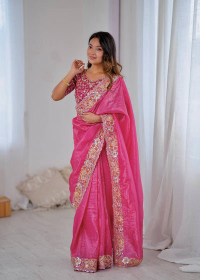 Pink Color Gold Crush With Embroidery Work Saree For Traditional Wear