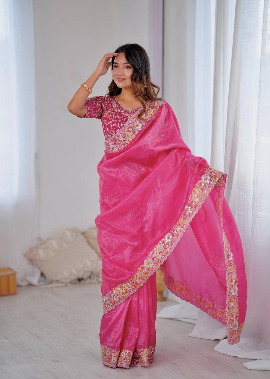 Pink Color Gold Crush With Embroidery Work Saree For Traditional Wear