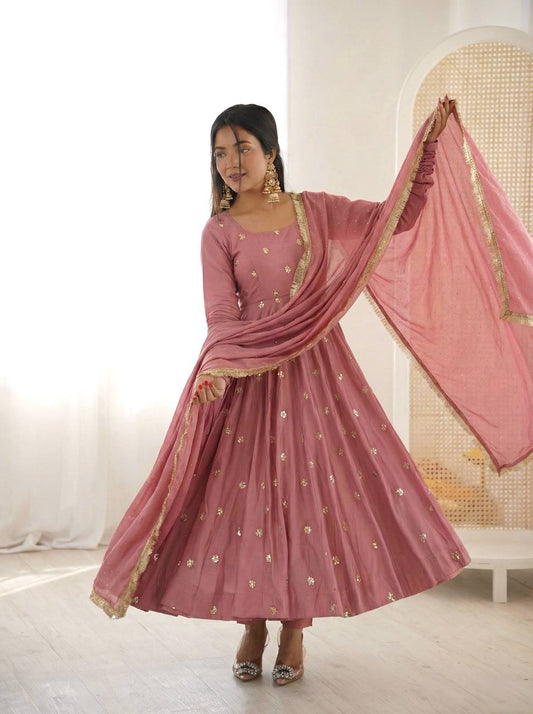 Onion Pink Color Roman Silk With Embroidery Work Anarkali Suit