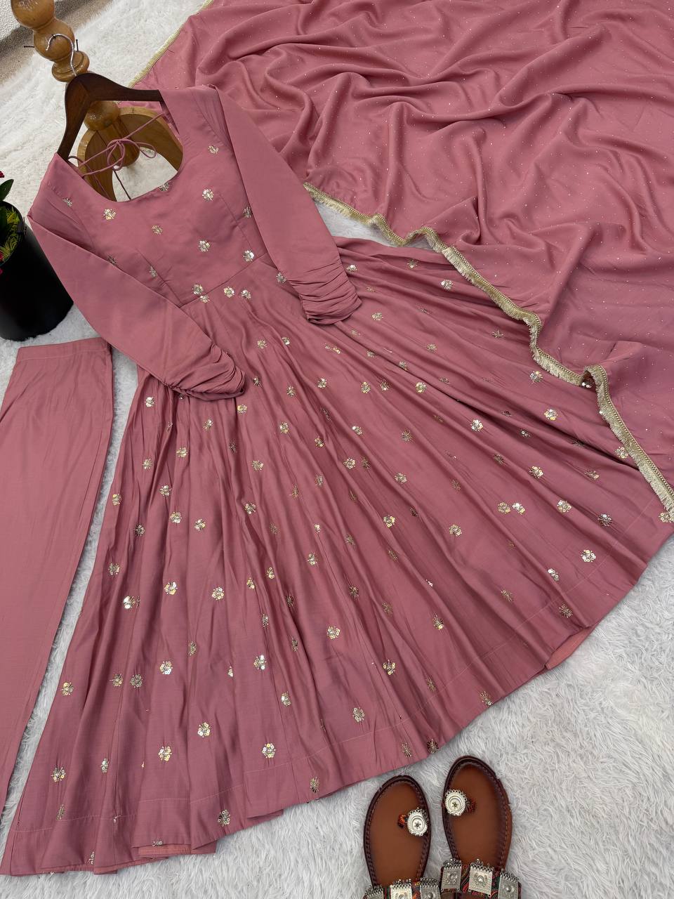 Onion Pink Color Roman Silk With Embroidery Work Anarkali Suit