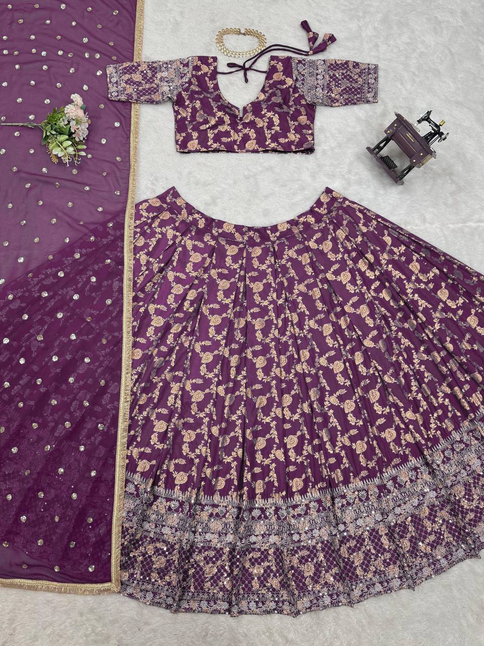 Purple Jequard Silk Wedding Wear Lehnega Choli