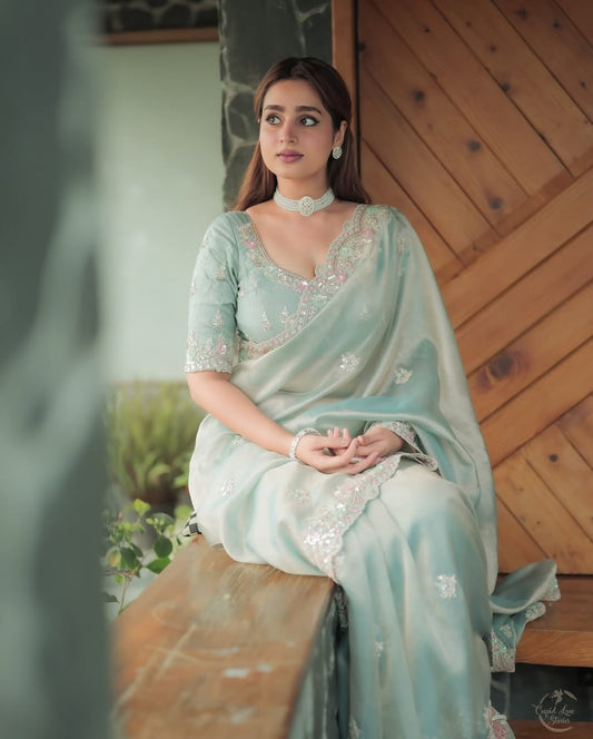 Party Wear Pista Green Color Soft Fandy Silk With Sequence Work Saree