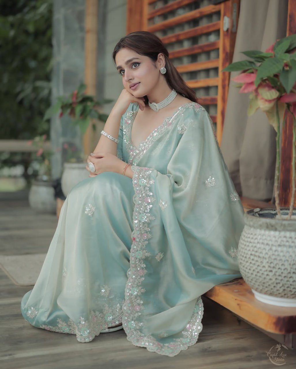Party Wear Pista Green Color Soft Fandy Silk With Sequence Work Saree