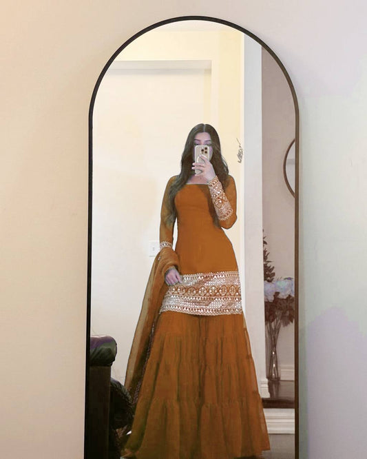 Mustard Color Faux Georgette With Sequence Work Sharara Suit