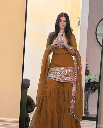 Mustard Color Faux Georgette With Sequence Work Sharara Suit