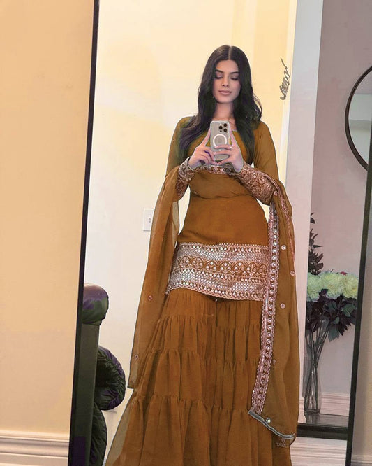 Mustard Color Faux Georgette With Sequence Work Sharara Suit