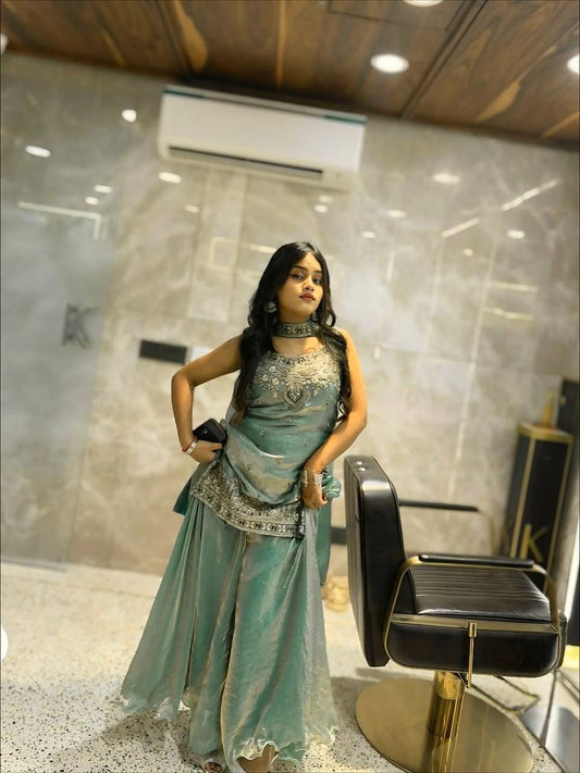 Sea Green Color Fandy Silk Wear Sharara Suit For Women