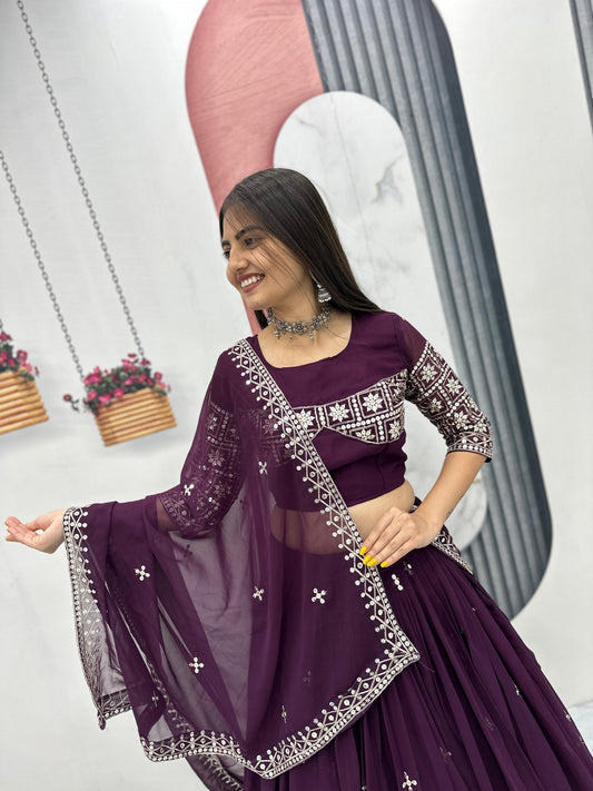 Wine Color Georgette With Embroidery Work Lehenga Choli
