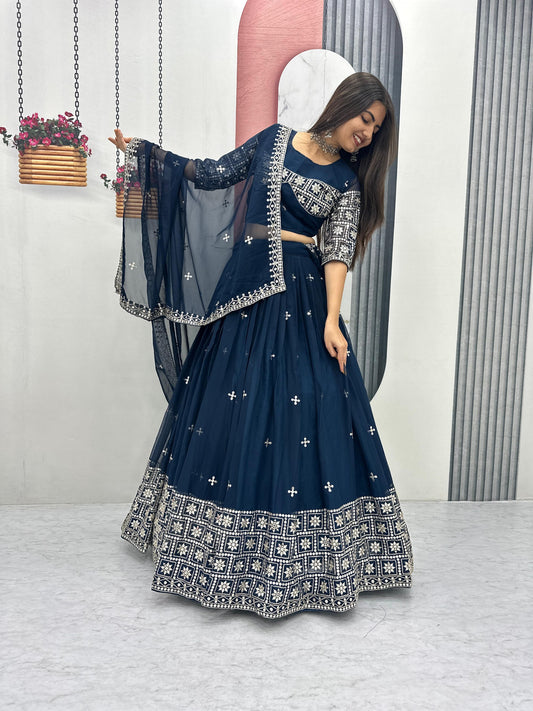 Rama Color Georgette With Embroidery Work Lehenga Choli