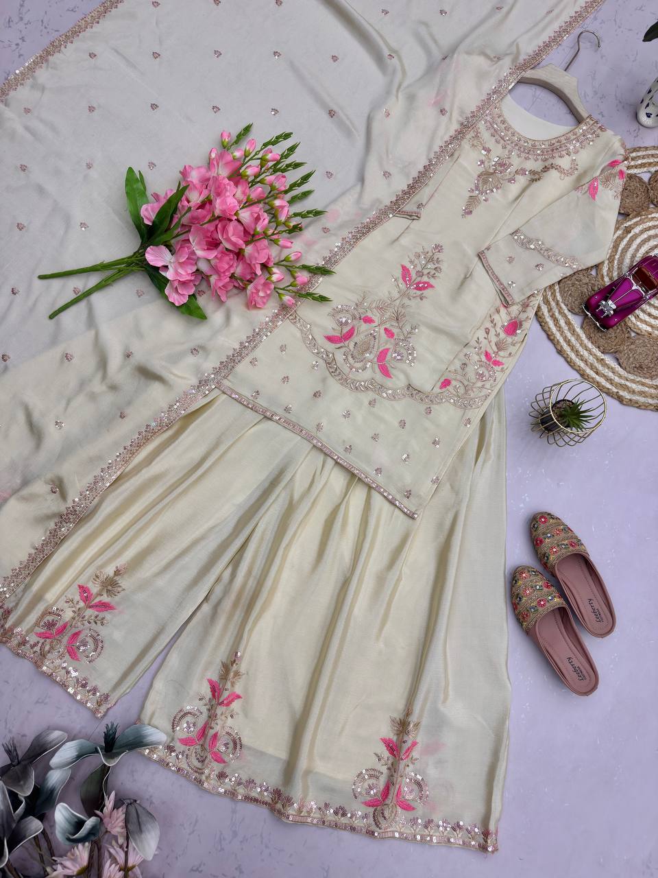 Off White Color Chinon Silk Embroidery Work Sharara Suit For Wedding