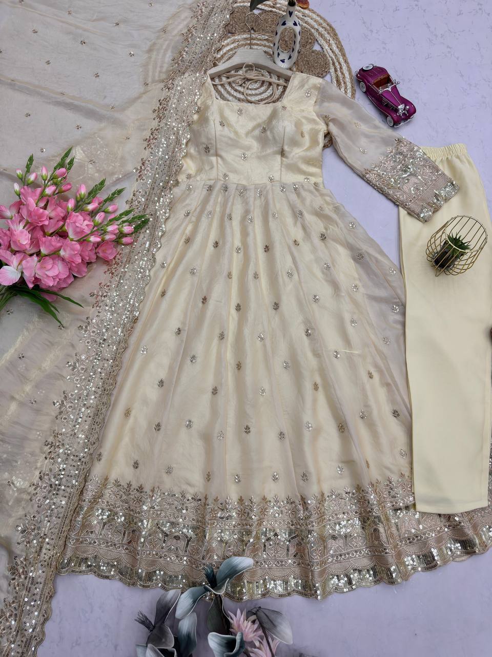 Cream Color Embroidery With Sequence Work Anarkali Gown With Dupatta