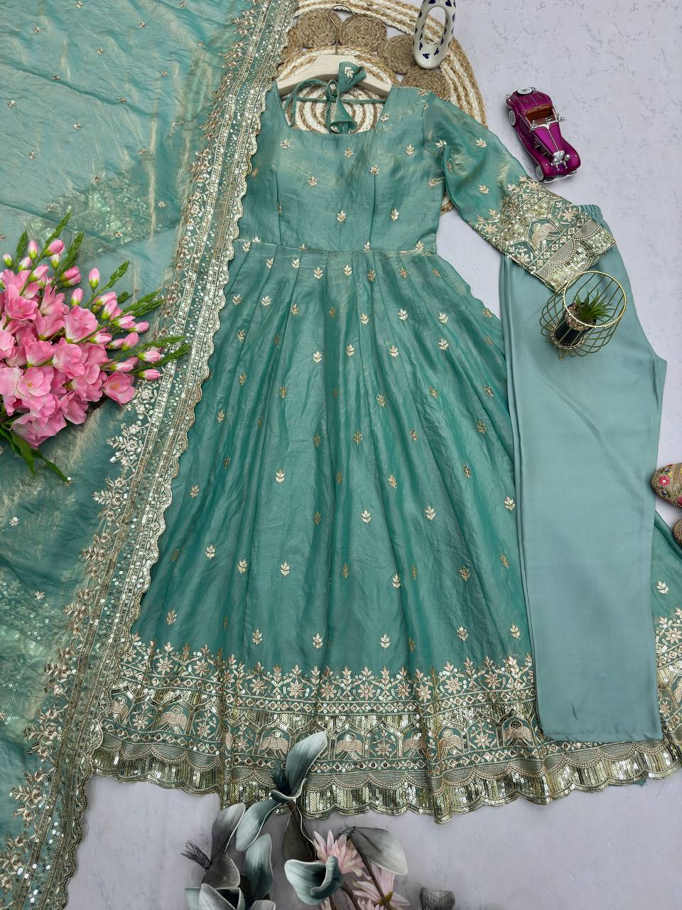 Sea Green Color Fandy Silk With Sequence Work Anarkali Suit