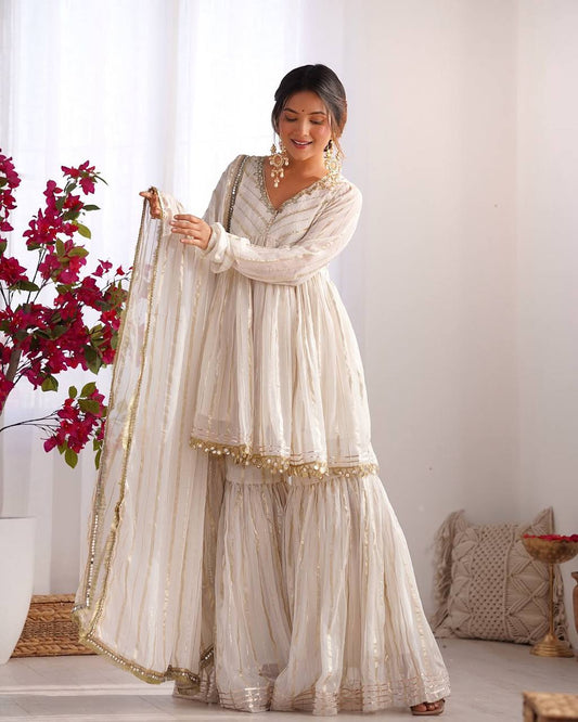 Beautiful White Color Chanderi Silk With Real Mirror Work Sharara Suit