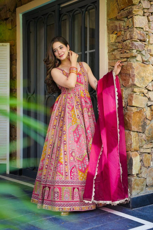 Pink Color Jimmy Chu Silk With Digital Printed Gown With Dupatta