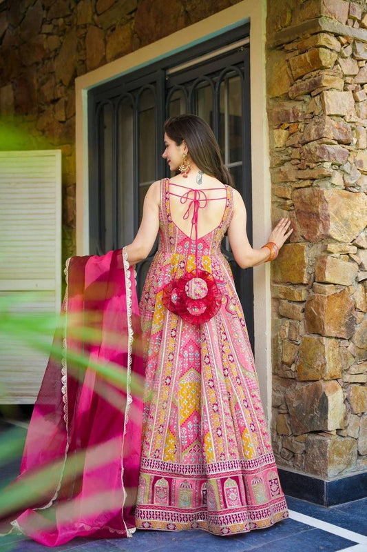 Pink Color Jimmy Chu Silk With Digital Printed Gown With Dupatta