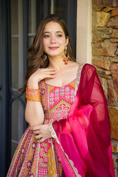 Pink Color Jimmy Chu Silk With Digital Printed Gown With Dupatta